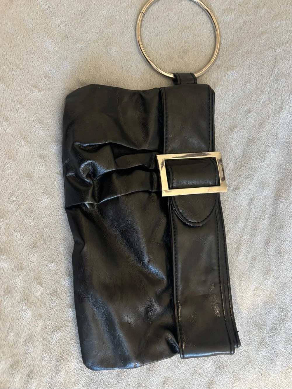 Black Leather Wristlet Clutch with Gold Ring